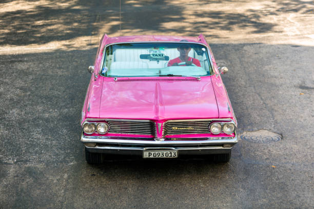Front view of a red colored vintage car's headlights. Classic vehicle. Oldtimer car.
