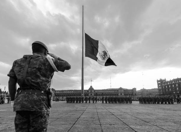 Mexico, Federal District, Mexico City - April 19, 2017: Soldiers and military police performing the daily Flag Lowering Ceremony in the Zocalo Mexico, Federal District, Mexico City - April 19, 2017: Soldiers and military police performing the daily Flag Lowering Ceremony in the Zocalo military parade stock pictures, royalty-free photos & images