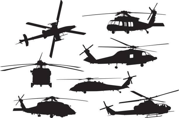 Military Helicopter Silhouettes Vector silhouette of a group of military helicopters. helicopter illustrations stock illustrations