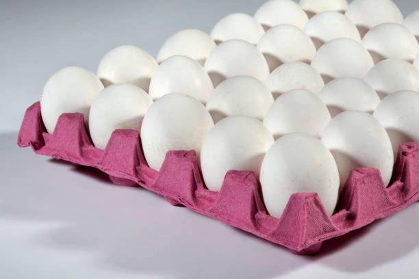 白鶏の卵のカートンで卵を 30 個の箱は、白で隔離紙トレイに卵 - vitamin d meat food eggs ストックフォトと画像