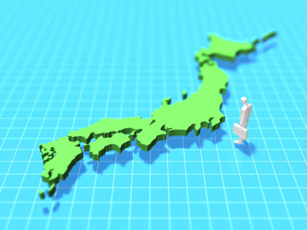 3D illustration of map of japan with figures arranged.