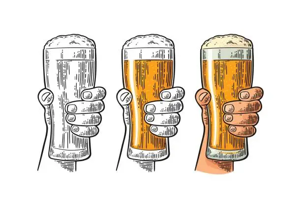 Vector illustration of Man hand holding and clinking beer glass. Different graphic styles