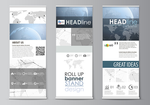 The minimalistic vector illustration of the editable layout of roll up banner stands, vertical flyers, flags design business templates. World globe on blue. Global network connections, lines and dots