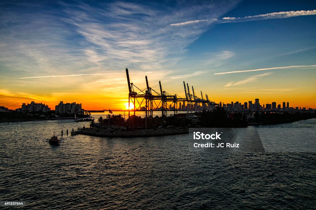 Port of Miami Port of Miami during sunset from the Disney Magic Port of Miami-Dade Stock Photo