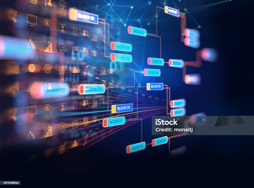 Block chain network concept on technology background Block chain network and programming concept on technology background Abstract Stock Photo
