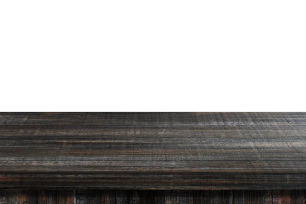 Empty dark vintage wooden table isolated on white background, for product display montage