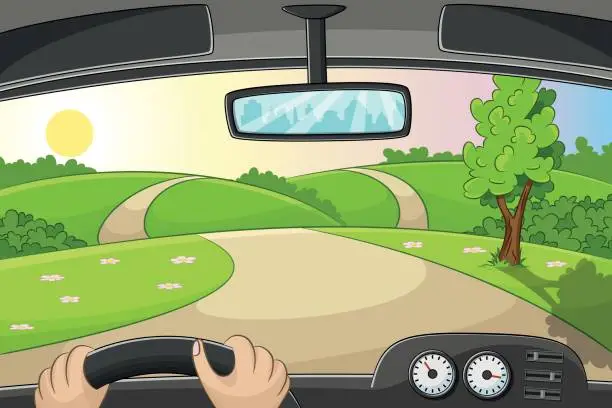 Vector illustration of Someone drives by car over a country road