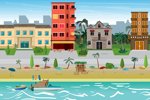 Street resort beach town with hotels. The first line of hotels in a tropical area near the beach. Flat vector cartoon illustration