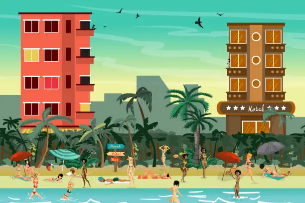 Vector illustration of Tropical beach in the resort town with hotels
