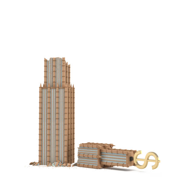 istock 3d rendering of a skyscraper with a dollar sign on the top broken in half isolated on white background 691356848