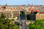 Prague cityscape panorama over Vltava river, Manesuv bridge into Parizska and Josefov, medieval gothic and baroque city, Czech Republic