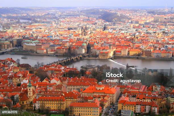 Prague Cityscape Panorama From Petrin Tower Over Vltava River And Roof Tiles Medieval Gothic And Baroque City Czech Republic Stock Photo - Download Image Now