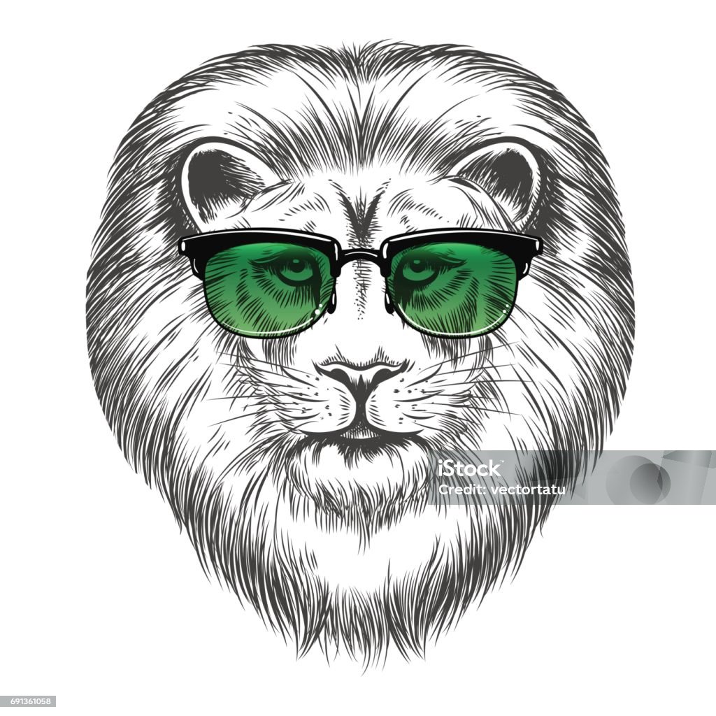 Hipster lion in sunglassesprint design Hand drawn lion in sunglasses isolated on white background. Hipster lion print design vector illustration Lion - Feline stock vector