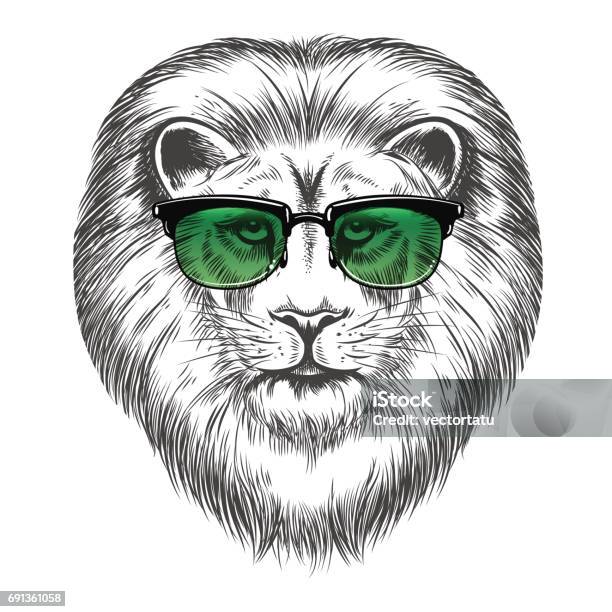 Hipster Lion In Sunglassesprint Design Stock Illustration - Download Image Now - Lion - Feline, Hipster Culture, Animal