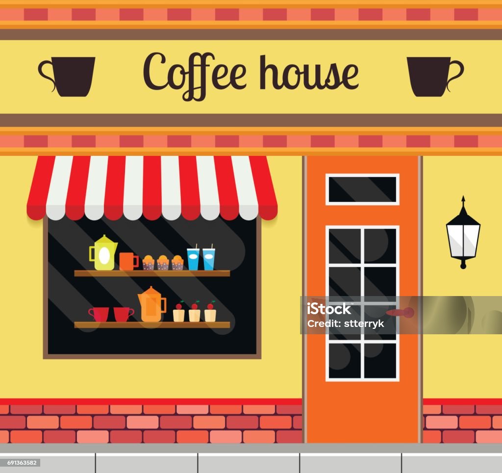 Coffee house facade in flat style. EPS10 vector illustration of small cafe front. City Street stock vector