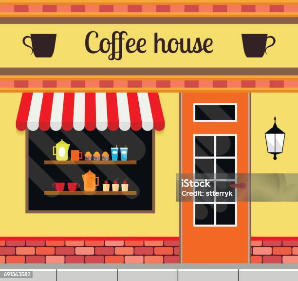 Coffee House Facade In Flat Style Eps10 Vector Illustration Of Small Cafe Front Stock Illustration - Download Image Now
