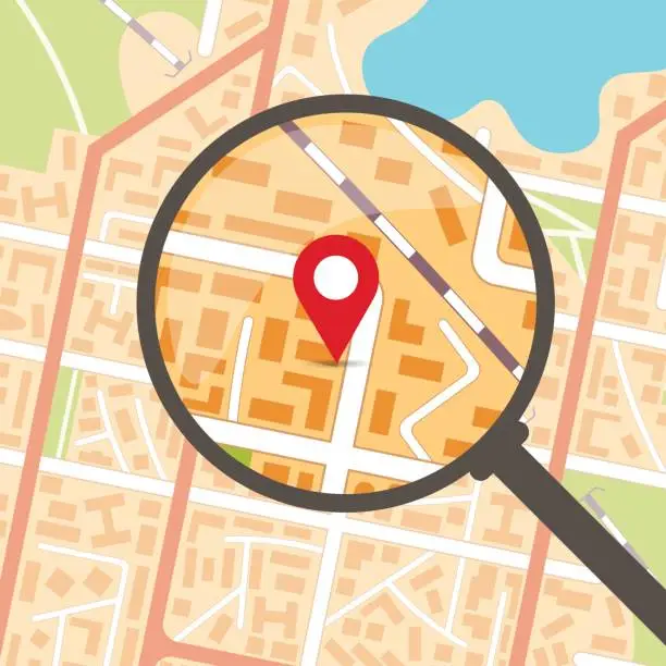 Vector illustration of Generic city map background with magnifier and pinpoint. EPS10 vector illustration in flat style.