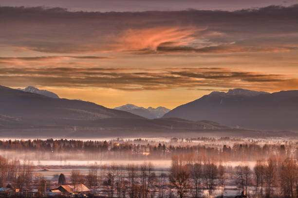 Sunrise at Fraser Valley in winter, Surrey, BC, Canada A cold foggy morning in Fraser Valley in Surrey in winter surrey british columbia stock pictures, royalty-free photos & images