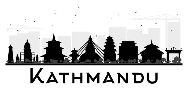 Kathmandu City skyline black and white silhouette. Kathmandu City skyline black and white silhouette. Simple flat concept for tourism presentation, banner, placard or web site. Cityscape with landmarks. Vector illustration. kathmandu people stock illustrations