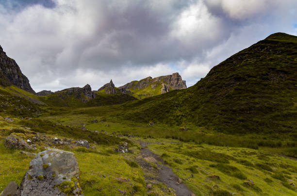 Pretty green valley in the Quiraing on the Isle of Skye, Scotland.