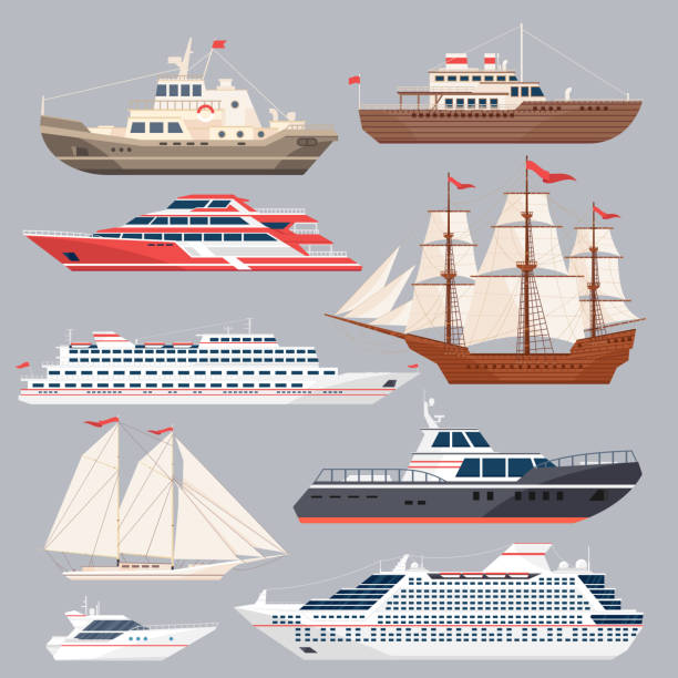 Set of different vessels. Sea boats and other big ships. Vector illustrations in flat style Set of different vessels. Sea boats and other big ships. Vector in flat style. Ship and boat, cruise yacht illustration passenger ship stock illustrations