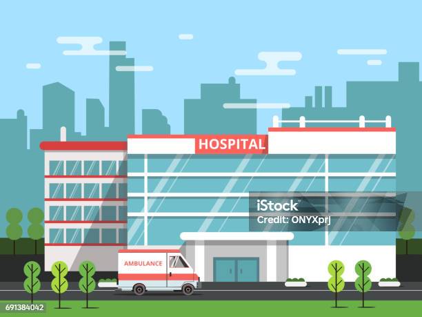 Health Center Exterior Of Hospital Building Ambulance Vector Illustration Stock Illustration - Download Image Now