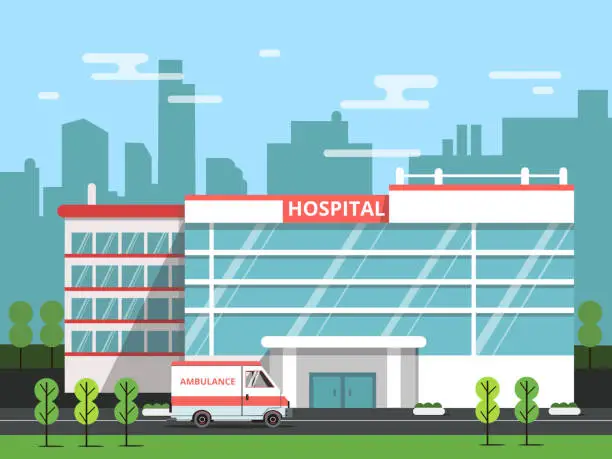 Vector illustration of Health center, exterior of hospital building. Ambulance vector illustration