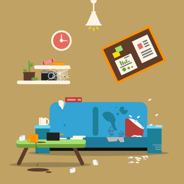 Sofa in dirty organized apartment. Different trashes in room. Flat style vector illustration Sofa in dirty organized apartment. Different trashes in room. Flat style vector illustration. Sofa interior at home apartment, dirty room chaos bedroom borders stock illustrations
