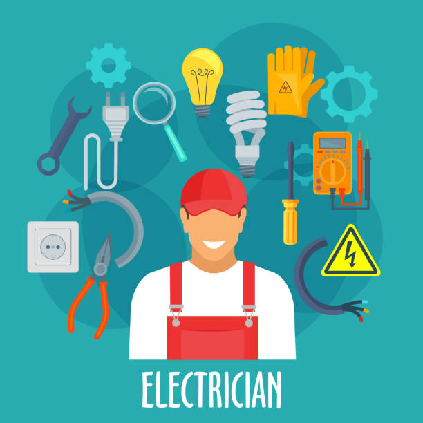 Electrician worker with electric repair tools Electrician profession poster. Vector electrician man in uniform with electricity repair tools and items safety gloves, screwdriver and wrench, pliers, ampermeter or voltmemer, eclectic lamp cable, magnifying glass, plug and socket, danger sign electrical fuse drawing stock illustrations
