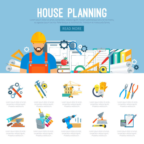 House planning or construction infographics vector Building or house construction and repair planning infographics of vector work tools of carpenter worker measure ruler, helmet and drill, hammer and saw, wrench and screwdriver, trowel and paint brush electrical fuse drawing stock illustrations