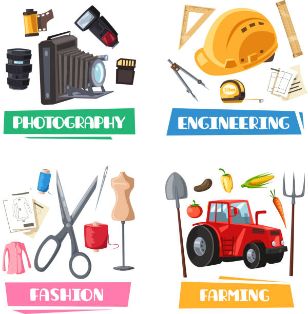 Vector professions tools and items set Profession vector items, tools and accessories. Photography camera flash, engineering ruler and construction project, fashion designer or dressmaker scissors and sewing thread, farming harvest tractor clothing design studio stock illustrations