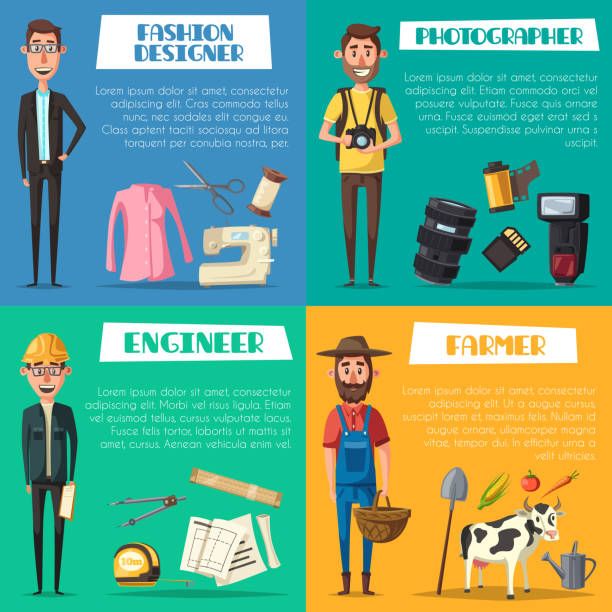 Vector engineer, farmer, photographer and designer Professions of engineer, farmer, fashion designer and photographer. Vector ruler and measure tape, camera flash and film, dressmaker scissors and sewing thread, agriculture harvest and tractor clothing design studio stock illustrations