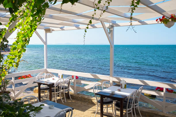 istock Cafe on sea coast with chairs and tables in Bulgaria 691400572