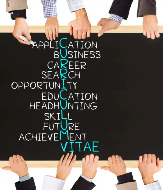 Photo of business hands holding blackboard and writing CURRICULUM VITAE concept