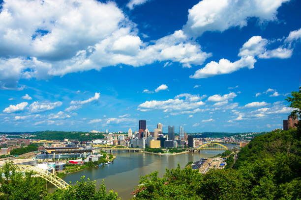 istock Pittsburgh Overview with Two Rivers, Bridges, and Blue Sky with Clouds 691406290