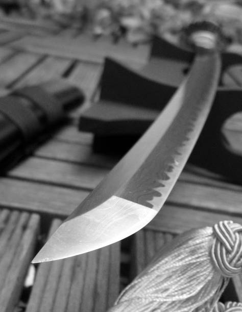 istock Japanese sword  in garden background  selective focus 691407082