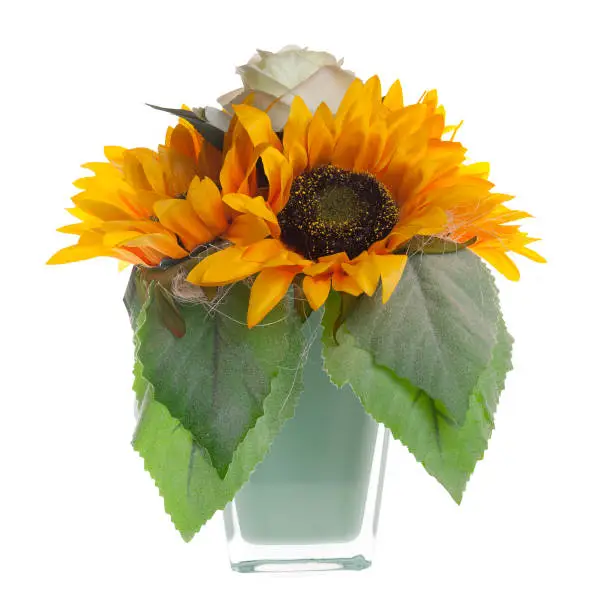 Floral composition with sunflowers and white roses