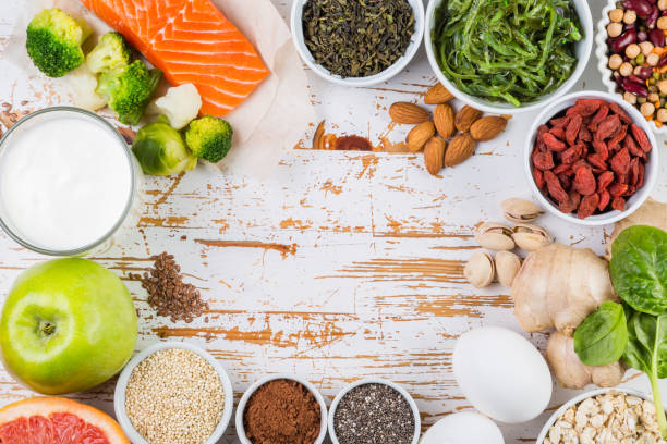 istock Selection of superfoods on rustic background 691411434
