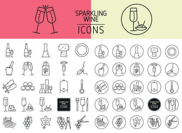 illustrazioni stock, clip art, cartoni animati e icone di tendenza di set di icone di spumante per web e design - computer icon symbol cork wine