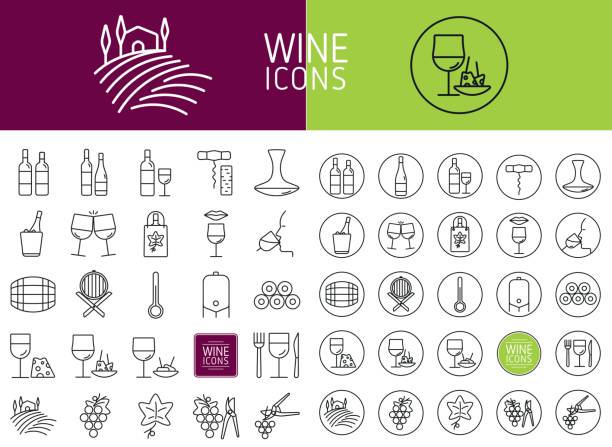 illustrations, cliparts, dessins animés et icônes de ensemble d’icônes vins web et dessins et modèles - feuille de vigne