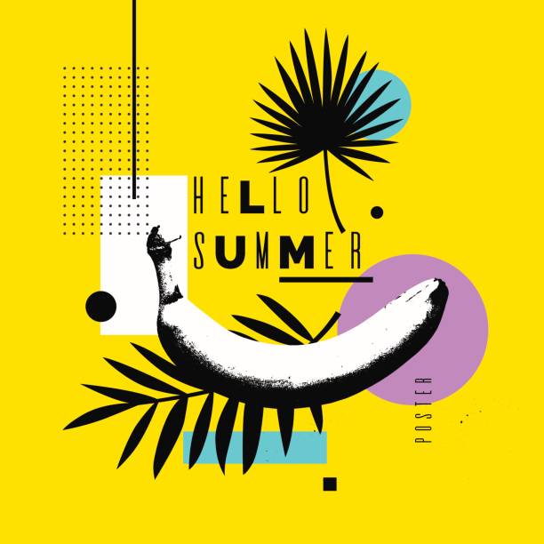Vector illustration Hello summer. Bright poster with a banana on an abstract background Hello summer. Bright poster with a banana on an abstract background with palm leaves and geometric shapes. Vector illustration banana patterns stock illustrations