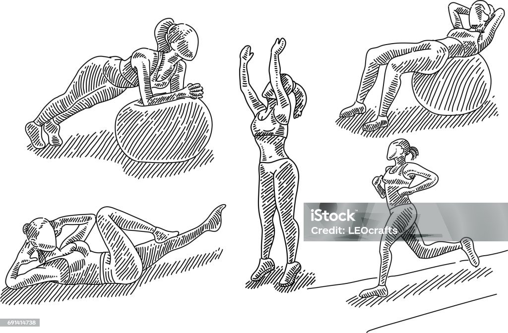 Exercising Woman Drawings Line drawings of Exercising Woman. Elements are grouped.contains eps10 and high resolution jpeg. Exercising stock vector