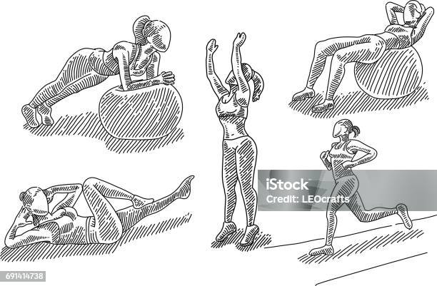 Exercising Woman Drawings Stock Illustration - Download Image Now - Exercising, Gym, Sketch