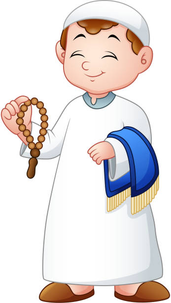 ilustrações, clipart, desenhos animados e ícones de criança muçulmana segurando praye grânulos e tapete de oração - praye