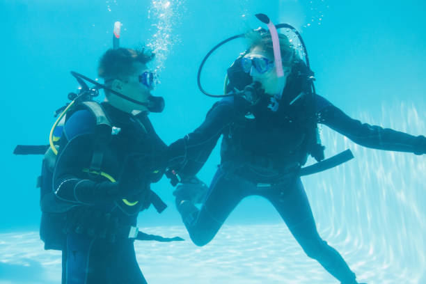 istock Friends on scuba training submerged in swimming pool 691419058
