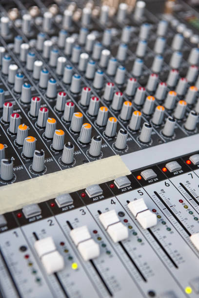istock Mixing board panel equipment detail. Sound technology background. 691420142