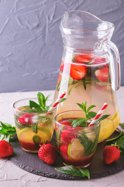 istock Cold lemonade with fresh strawberry, mint, lime and jam 691423800
