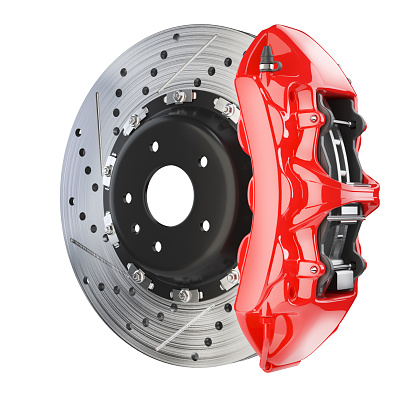Brake disk and red caliper. Brakes system isolated on white background 3d