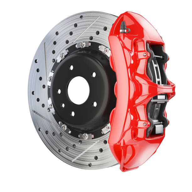 brake disk and red caliper. brakes system - travão imagens e fotografias de stock