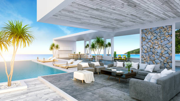 istock A Modern Beach House,  private swimming pool ,panoramic sky and sea view , 3d rendering 691429896
